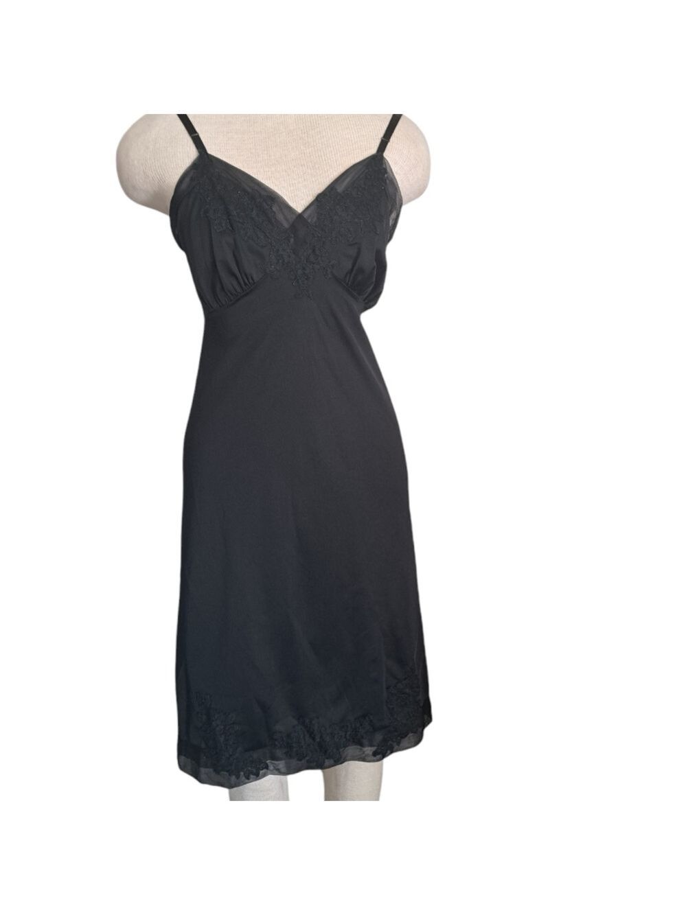 VTG VAN RAALTE black nylon full slip embroidery floral chiffon lace trim Glam 32